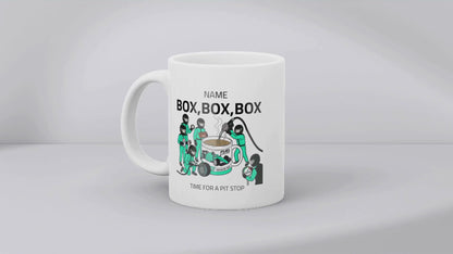 Pit Stop Tea Mug for Motorsport Fans - Optional Name, Colour Handle, Coaster and Card