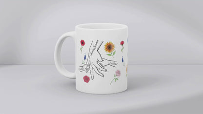 Personalised Mum & Children Holding Hands Mug – Custom Names Mother Child Hand Line Drawing Floral Mug Full Wrap