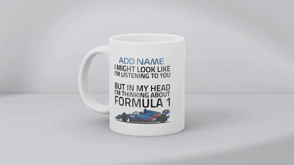 Funny Formula Racing Mug - Optional Name, Colour Handle, Coaster and Card