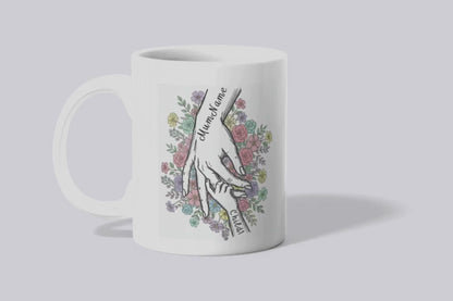 Personalised Mum & Children Holding Hands Mug – Custom Names Mother Child Hand Line Drawing Floral Mug