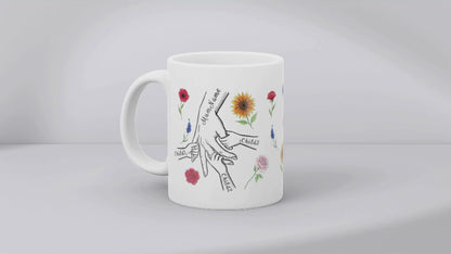 Personalised Mum & Children Holding Hands Mug – Custom Names Mother Child Hand Line Drawing Floral Mug Full Wrap