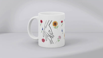 Personalised Mum & Children Holding Hands Mug – Custom Names Mother Child Hand Line Drawing Floral Mug Full Wrap