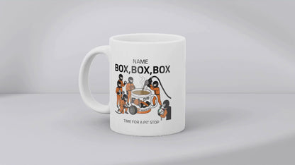 Pit Stop Tea Mug for Motorsport Fans - Optional Name, Colour Handle, Coaster and Card