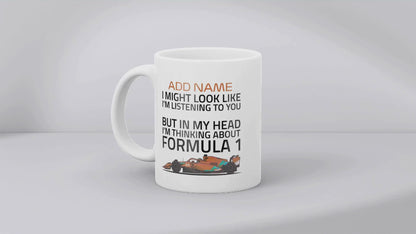 Funny Formula Racing Mug - Optional Name, Colour Handle, Coaster and Card