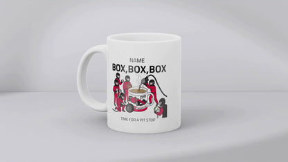Pit Stop Tea Mug for Motorsport Fans - Optional Name, Colour Handle, Coaster and Card