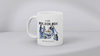 Pit Stop Tea Mug for Motorsport Fans - Optional Name, Colour Handle, Coaster and Card