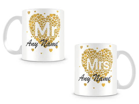 Mr and Mrs Personalised Mugs with Name and Gold Hearts 