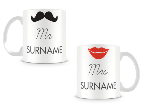 Mr and Mrs Personalised Mugs with Moustache and Lips